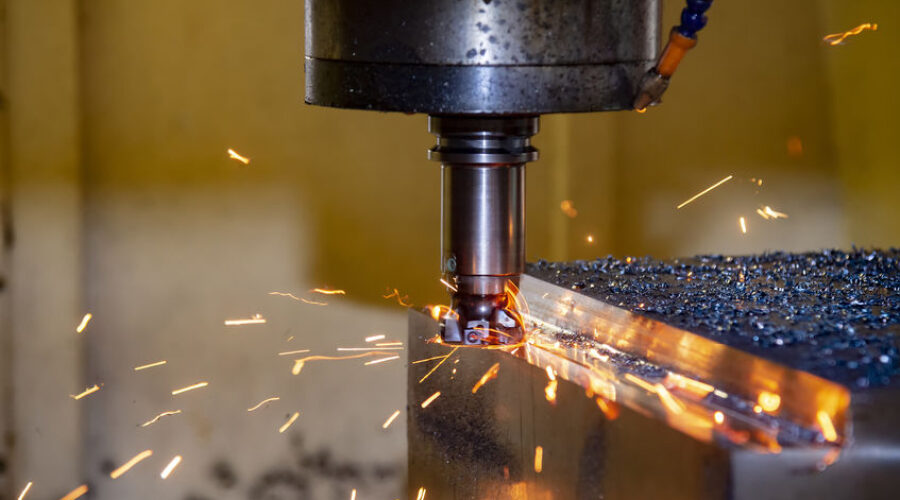 The CNC milling machine cutting the mold part in roughing  process with the burning  ship.Tool wear between cutting .